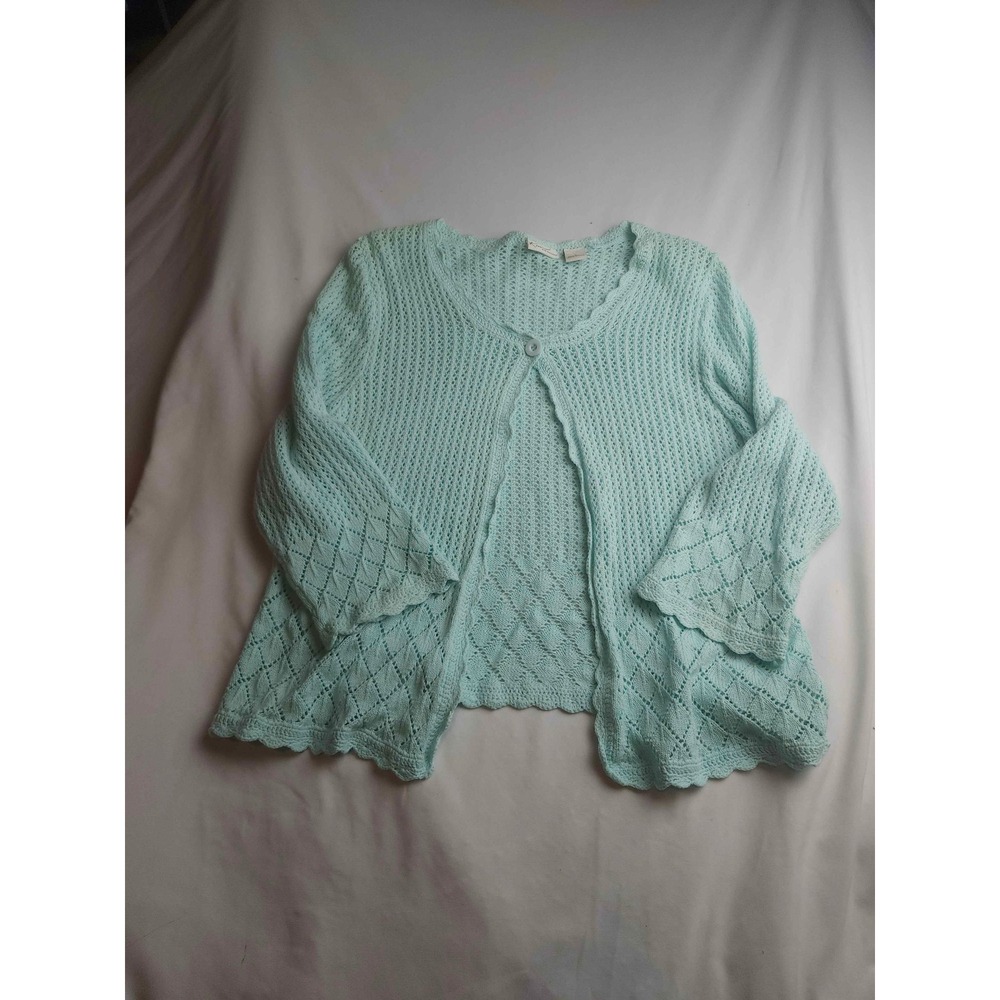 Kim Rogers Mint Green Crochet Knit Cardigan Cotton Scalloped Womens Large